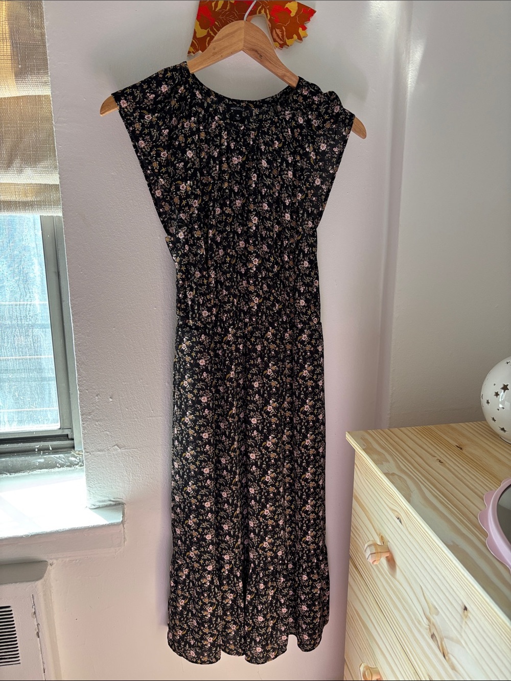 Black Floral Midi Dress with Pink Rose Print